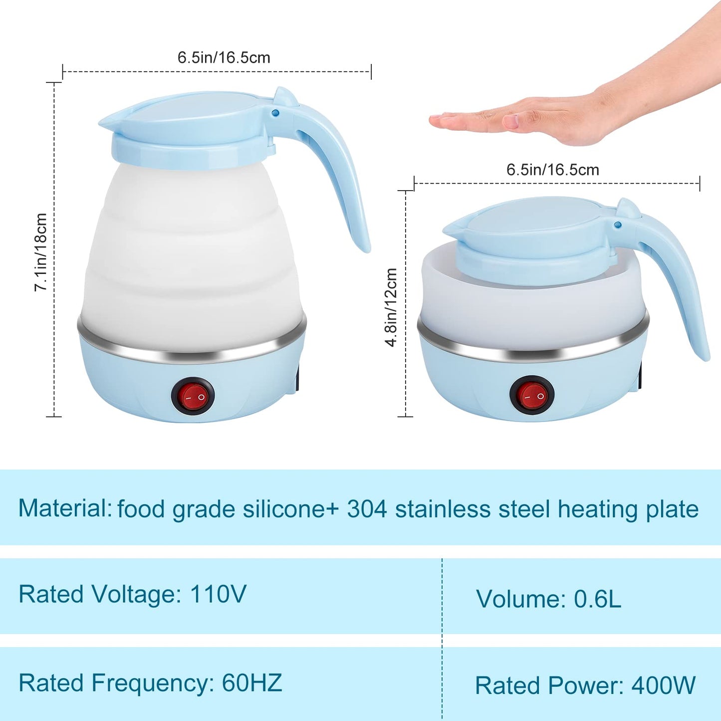 Travel Foldable Electric Kettle, Portable Kettle for Fast Water Boiling Tea Coffee, with 1 Collapsible Bowl and 2 Cups, Food Grade Silicon, 600ML 110V