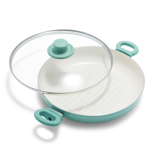 GreenLife 11â Healthy Ceramic Nonstick Grill Pan with 2 Handles and Lid, PFAS-Free, Rivetless Interior, Grill Ridges, Dishwasher Safe, Oven Safe, Turquoise