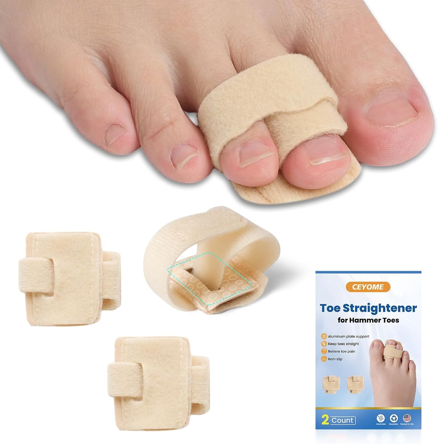Hammer Toe Straightener for Women & Men - 2 Pack Hammer Toe Corrector for Crooked, Overlapping Toes, Toe Splint & Spacers for Toe Straightening and Relaxation