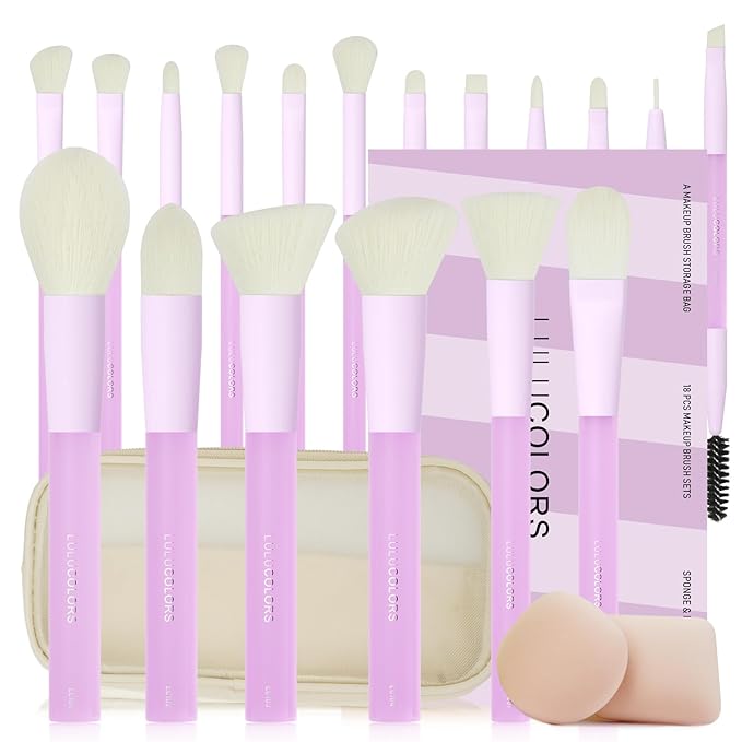 18-Piece Light Purple Professional Makeup Brush Set â Translucent Rubberized Handles, Soft Synthetic Bristles for Face & Eye MakeupâIncludes Travel Bag & Sponges, Complete Brush Collection