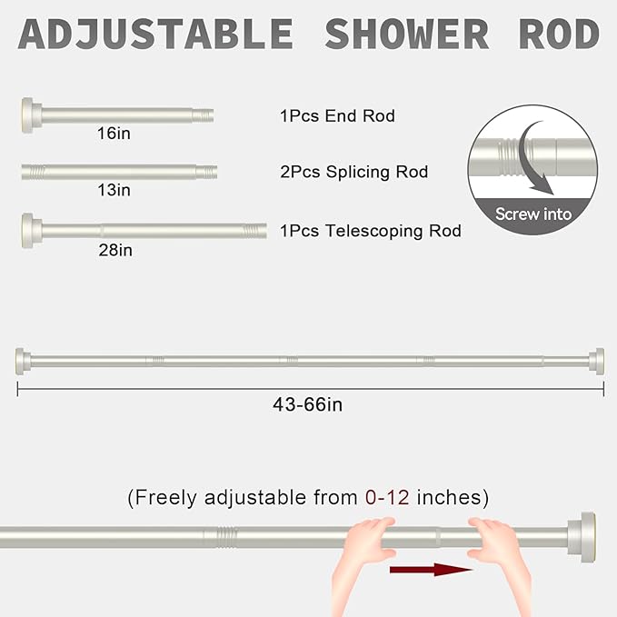 Thestoa Brushed Nickel Shower Curtain Rod Adjustable 43-66 inch, 1"Diameter Spring Tension Curtain Rod No Drill, Anti-Rust Non-Slip Shower Rod for Bathroom Tension Rod