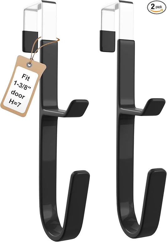 2 Pack Over The Door Hooks(L=7"), Over Door Hanger, Heavy Duty No Drill Hanger for Towels, Coats, Hats, Bags in Bathroom, Bedroom, Kitchen, Living Room-Black
