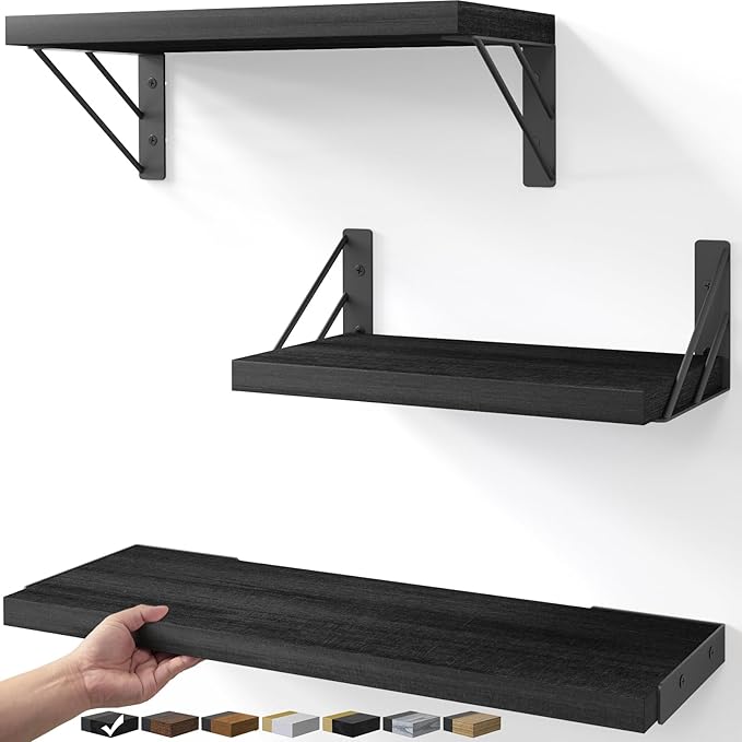 BAYKA Wall Mounted Floating Shelves, Wood Floating Wall Shelf for Books & Decor, Small Space-Saving Display & Organizerï¼Blackï¼Set of 3ï¼