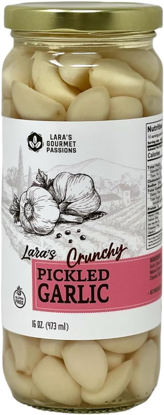Lara's Pickled Garlic Cloves in Jar (16 fl oz) - Crunchy and Mild Flavor - Long Shelf Life - Canned Garlic