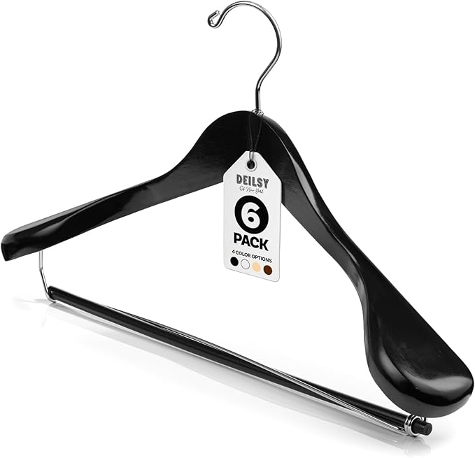 DEILSYâ¢ Black Suit Hangers for Men with Non-Slip Pants Bar & 360Â° Swivel Hook - Smooth Finish Wooden Coat Hangers, Heavy Duty Wooden Hanger â Pack of 6