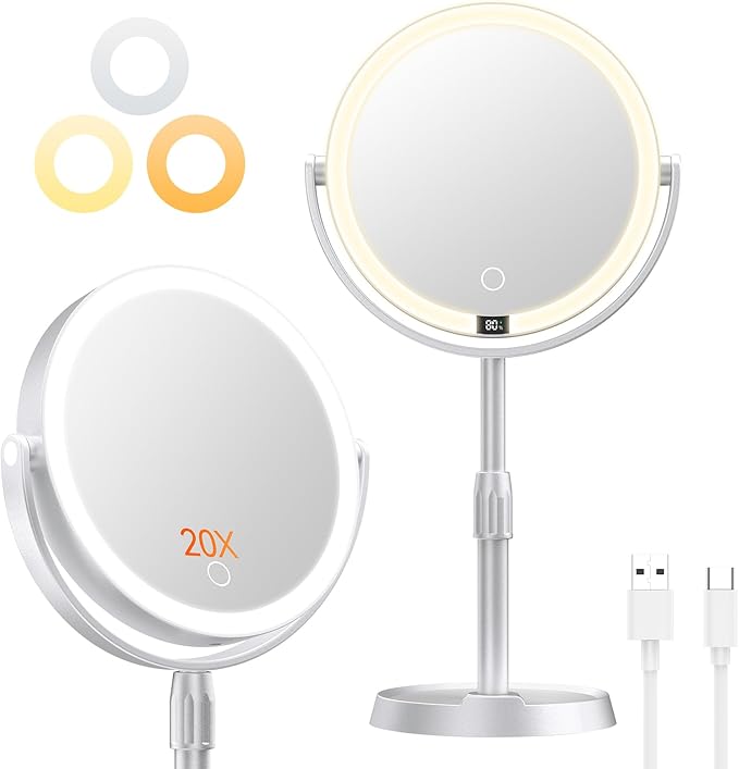 Gospire 8â Lighted Makeup Mirror with Lights and Magnification, 20X Magnifying Mirror with Light for Makeup Desk, Height Adjustable and Digital Display, Shaving Mirror for Bathroom, Gifts for Women
