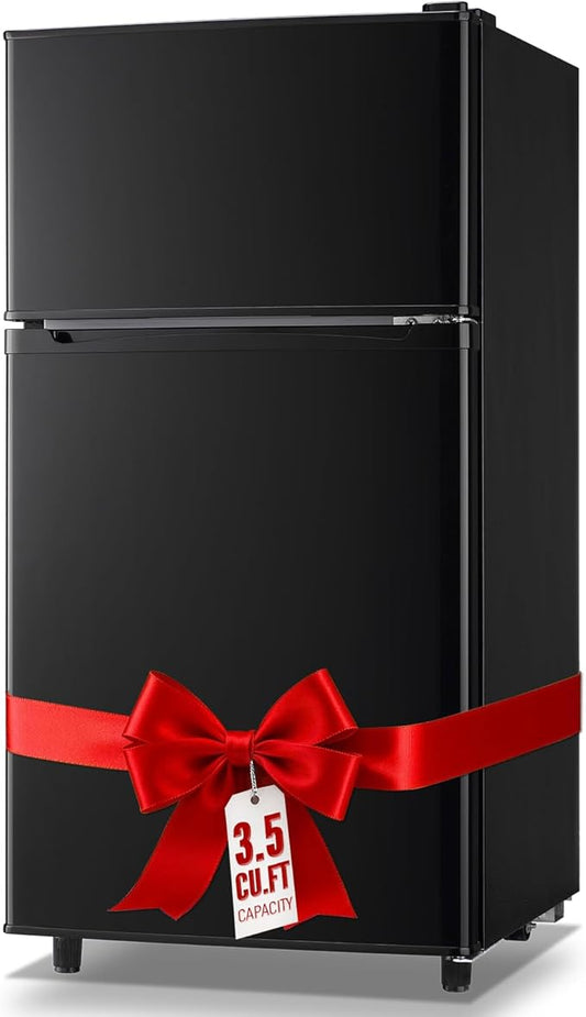 WANAI 3.5 CU.FT 2 Door Mini Fridge with Freezer Freestadning Small Refrigerator Features 7 Gear Mechanical Control, Side Bottle Rack, 2 Glass Removable Shelves, Crisper Drawer Black