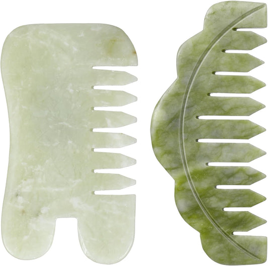 Geiserailie 2 Pcs Jade Combs Esthetician Supplies Massage Stone Hair Gua Sha Scraping Scalp Comb Facial Massage Tool Handheld Head Tools Head Caring Therapy for Women(Chic Style)