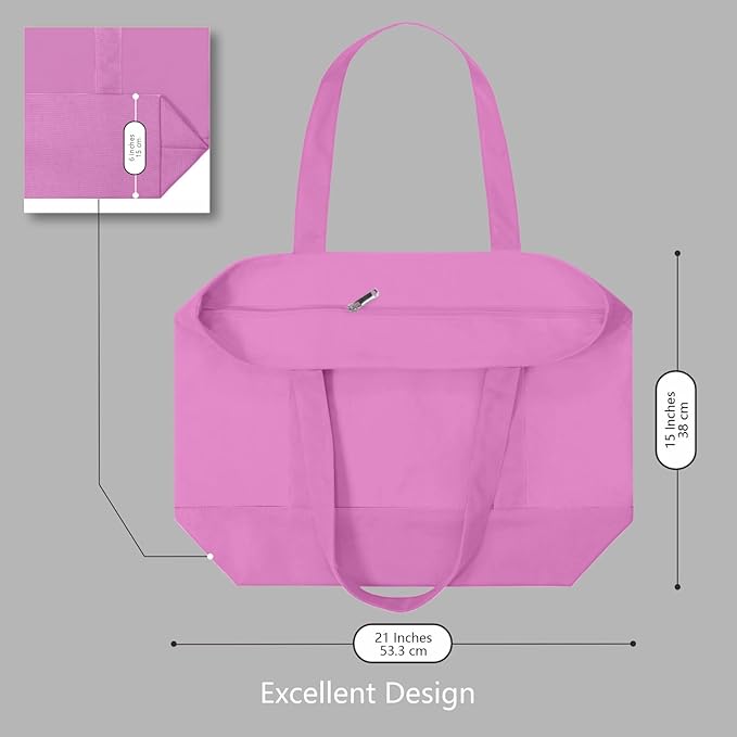 TOPDesign 3-Pack Canvas Tote Bags with an External Pocket, Reusable Grocery Shopping Bags, Top Zipper Closure, Daily Essentials (Light Purple)
