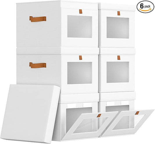 Storage Bins with Lid â Closet Organizer with Side Opening and Clear Window, Foldable Stackable Fabric Basket for Clothes, Home, Office - 13.77" x 11.8" x 9.8", 6 Pack, White