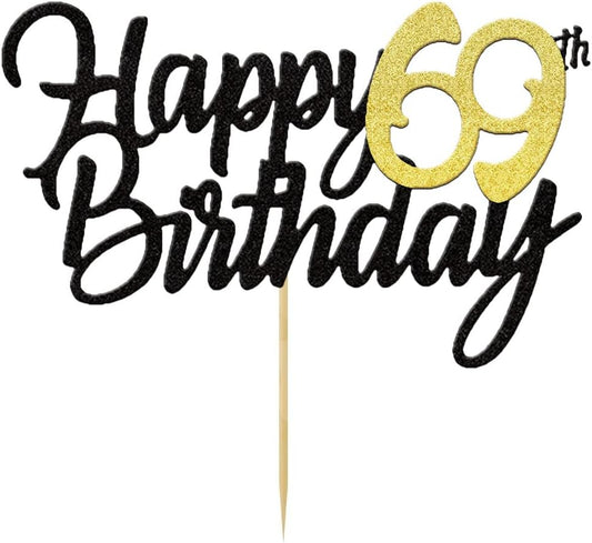 Happy 69th Birthday Cake Toppers Glitter 69th Anniversary Cake Topper 69 Years Loved Bday Decorations 69 Gold Birthday Cake Decorations Sixty-nine Party Supplies for Women Men(Black Gold)