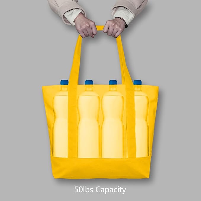 TOPDesign 3-Pack Canvas Tote Bags with an External Pocket, Reusable Grocery Shopping Bags, Top Zipper Closure, Daily Essentials (Yellow)