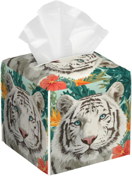 Majestic White Tiger Tissue Box Cover Square, Waterproof Leather Tissue Box Holder Portable Dispenser Modern Home Decoration for Bathroom Car Nightstand Vanity