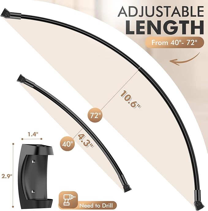 Bonpally Curved Shower Curtain Rod for Bathroom, 40-72 Inches Adjustable Curved Shower Rod, 0.9MM Aluminum Shower Curtain Rod with Rotating Brackets for Extra Shower Space, Need to Drill, Black