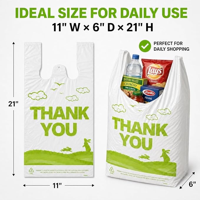 YoYoRain White Thank you T shirt bag, Grocery shopping bag Reusable and Disposable Supermarket Bag 11''x6''x21'' 300PCS