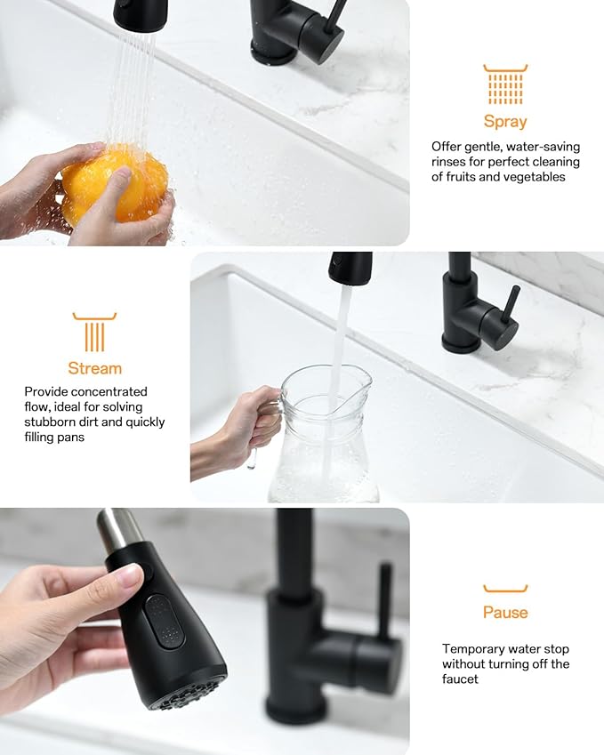 Kicimpro Matte Black Kitchen Faucet with Pull Down Sprayer, 304 Stainless Steel, 23-Inch Extended Hose Design, Three Water Functional Ways, Easy Installation
