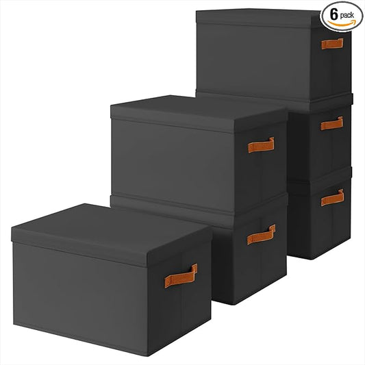Storage Bins with Lids - Large Fabric Closet Bins with Lid, 6 Pack Clothes Organizers and Storage, Collapsible Stackable Cube Basket for Home, Office, Dorm, Black