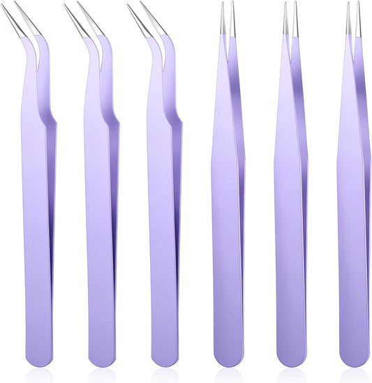 JJUNW 6 Pcs Lash Cluster Tweezers, Stainless Steel Curved Craft Tweezers Straight And Curved Tip, Purple Eyelash Tweezer For Eyelash Extensions, Diy Crafts, Nail Art, Scrapbooking, Jewelry Making