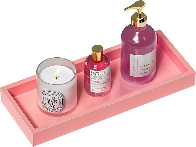 ZHWS Bathroom Vanity Tray for Perfume Decor Toilet Tank Candle Toiletries, Kitchen Tray for Soap Dispenser Spice Salt Coffee, Bamboo Nightstand Tray 11.3âx4.4â (Pink)