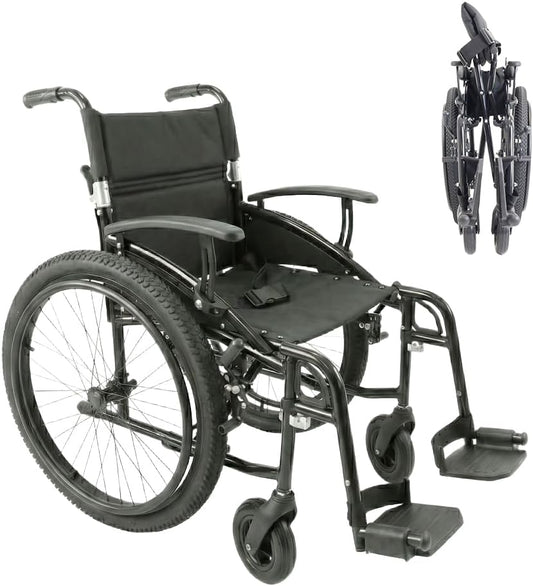 KMINA All Terrain Self Propelled Wheelchair (18 Inch Wide Seat), Folding and Lightweight in Aluminium, Foldable Backrest, Adjustable Armrests, Lap Belt and Hand Brake
