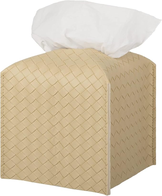 Tissue Box Cover PU Leather Tissue Holder Square Facial Tissue Case Facial Paper Organizer Dispenser for Bathroom, Vanity Countertop, Tabletop, Car, Rice Apricot