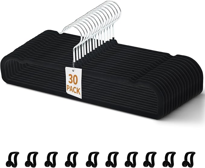 30 Pack Velvet Pant Hangers, Non Slip Thin Space Saving Trouser Hanger with 30 Hooks, 360Â° Swivel Hook Strong Durable Slim Clothes Hanger for Shorts, Jeans, Tank Top, Scarves