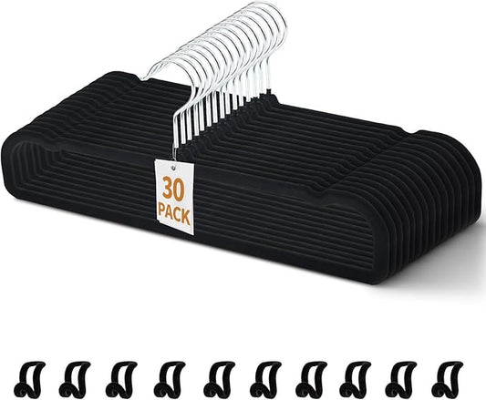 30 Pack Velvet Pant Hangers, Non Slip Thin Space Saving Trouser Hanger with 30 Hooks, 360Â° Swivel Hook Strong Durable Slim Clothes Hanger for Shorts, Jeans, Tank Top, Scarves