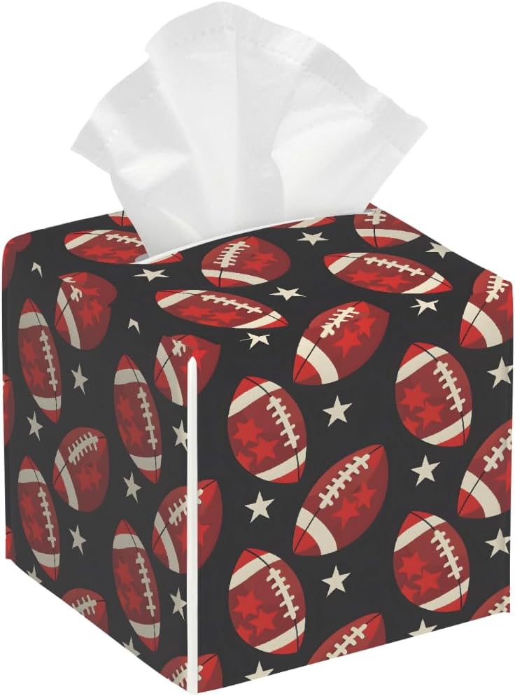 Square Leather Tissue Box Cover, Waterproof Napkin Dispenser with Sports American Football Print, Tissue Holder for Bathroom, Living Room, Bedroom, Office, and Car Decor