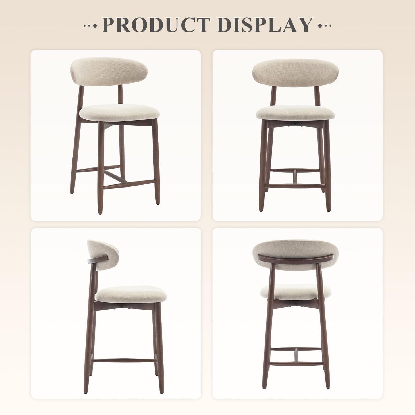 COLAMY Counter Height Bar Stools Set of 2, Kitchen Bar Stools with Back, Mid Century Modern Upholstered, with Wood Legs for Kitchen Island Dining Room, Beige