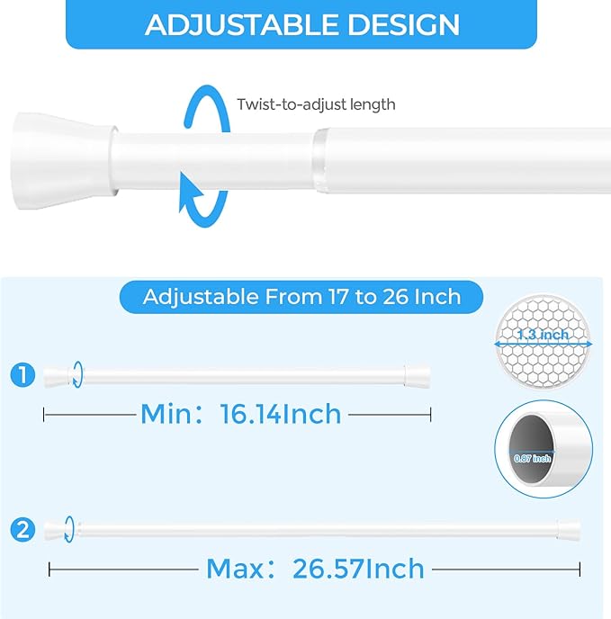 AIZESI 4PCS Tension Curtain Rod 16 to 26 Inch No Drilling Adjustable Spring Curtain Rod 7/8" Diameter Small Curtain Rod White Curtian Rods for Windows, Doorway, Closet, Kitchen, Cupboard, Bathroom