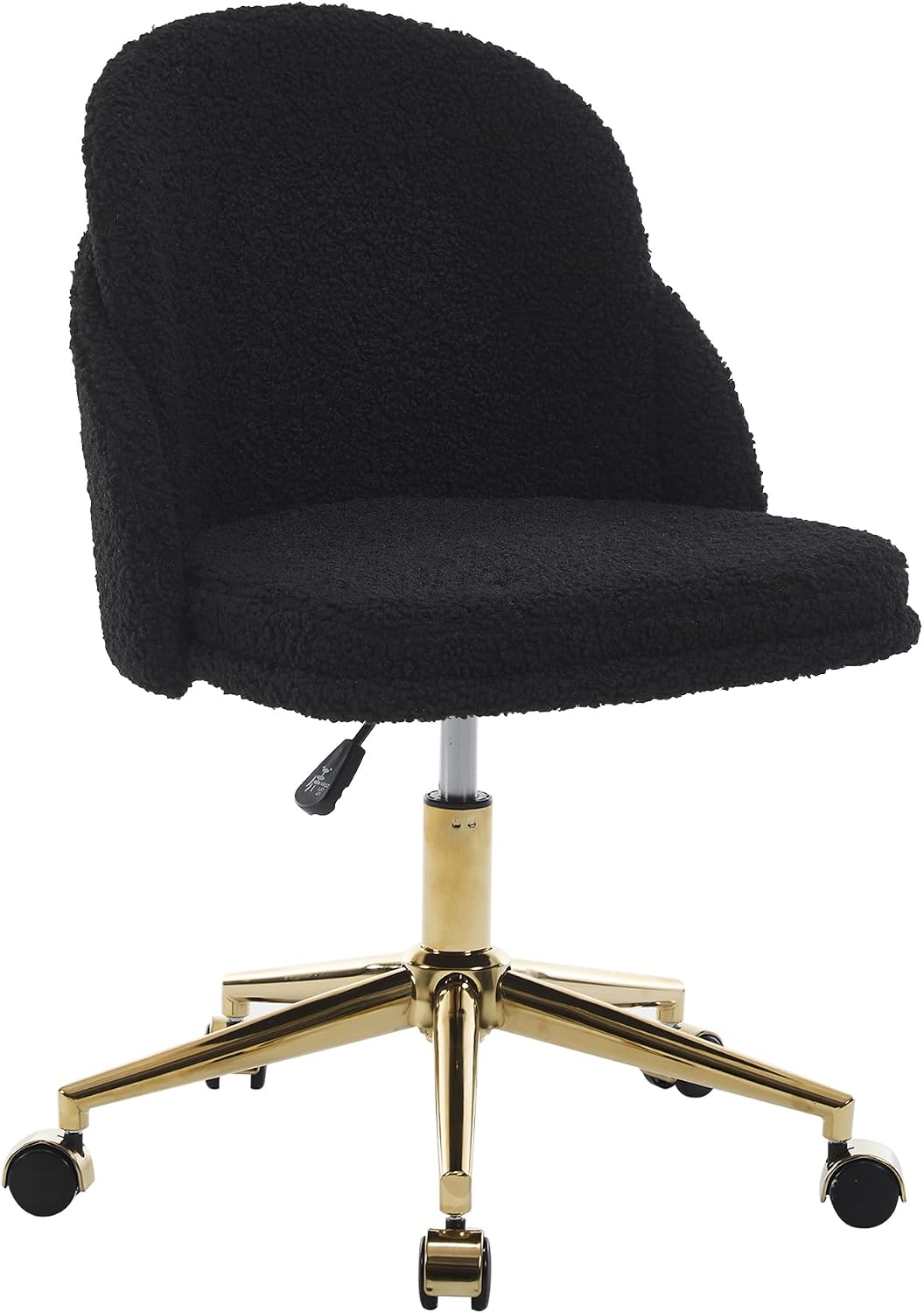 Faux Fur Desk Chair, Comfy Plush Makeup Vanity Chair Modern Upholstered Fluffy Swivel Chair with Wheels Golden Metal Base, Height Ajdustable for Girls, Home Office Living Dressing Room Bedroom, Black
