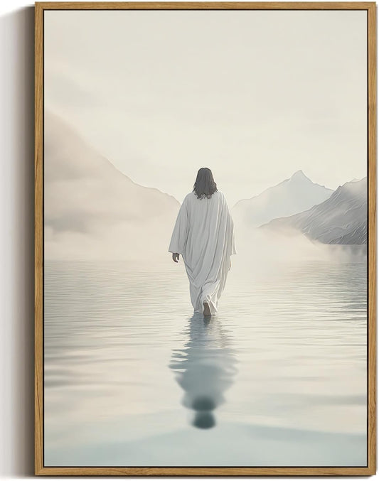 ZZTCYSU Jesus Canvas Wall Art Christian Framed Wall Art Jesus Walking on Water Back Modern Bible Print Religious Faith Artwork Decor for Living Room Bedroom Church 12"x16" Framed