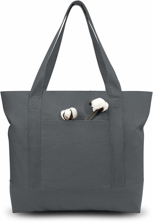 TOPDesign 3-Pack Canvas Tote Bags with an External Pocket, Reusable Grocery Shopping Bags, Top Zipper Closure, Daily Essentials (Grey)