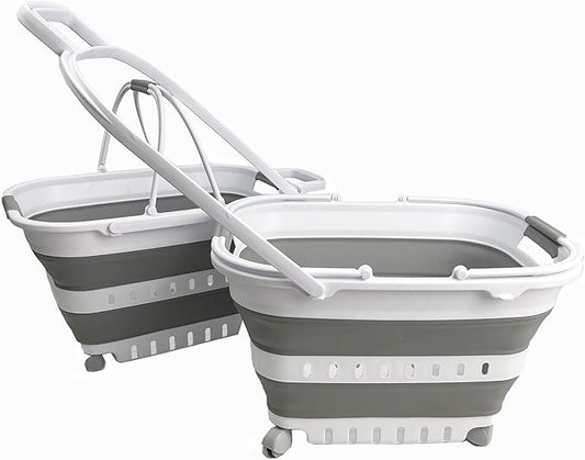 SAMMART 35L (9.24 Gallons) Collapsible Plastic Laundry Basket with Handle and Wheels - Foldable Pop Up Storage Container/Organizer with handle and wheels - Space Saving (2, White/Grey)