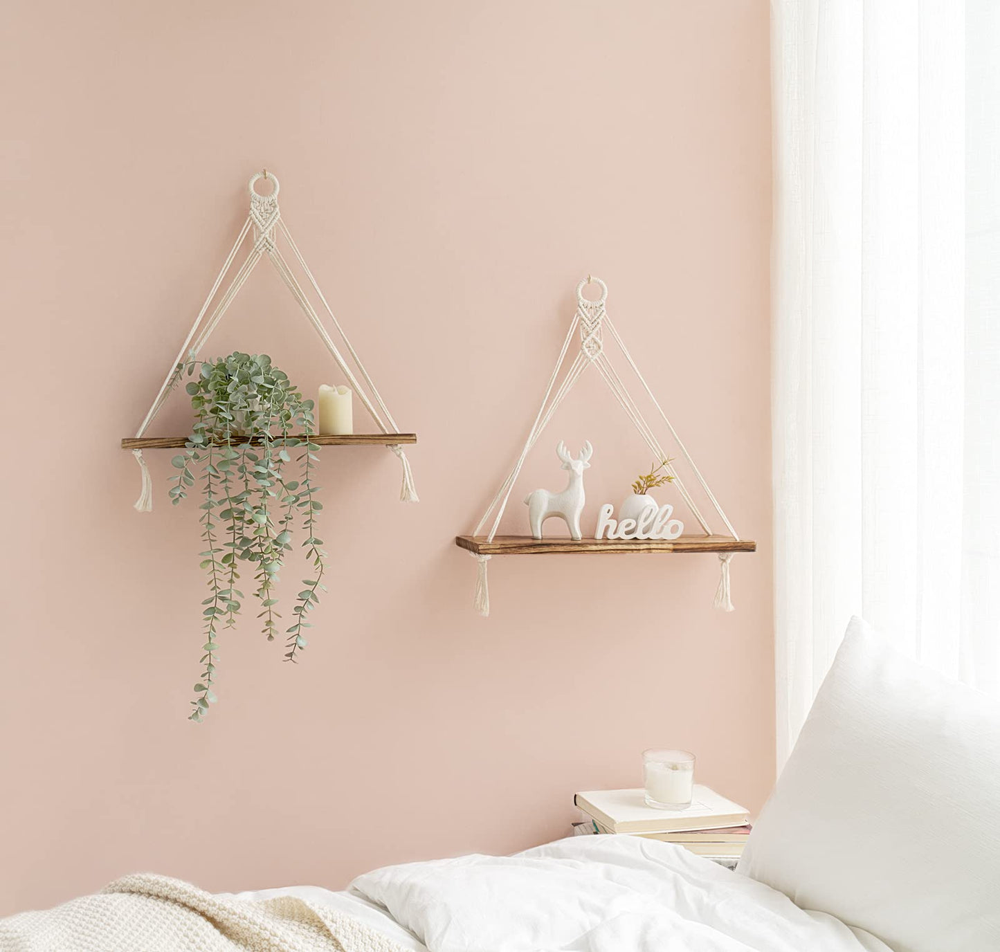 Mkono Macrame Hanging Shelves Boho Wall Decor Set of 2 Rustic Wood Floating Storage Shelf for Bedroom Bathroom Living Room Nursery Dorm Room, Display Shelving for Hanging Plants Photos