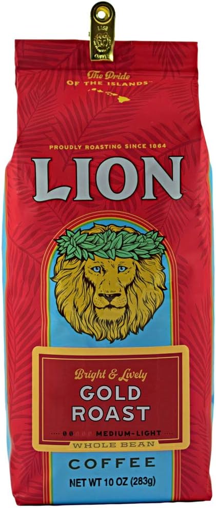 Lion Coffee Gold Roast Whole Bean Coffee, Medium-Light Roast, A Taste of Aloha - 10 Ounce Bag
