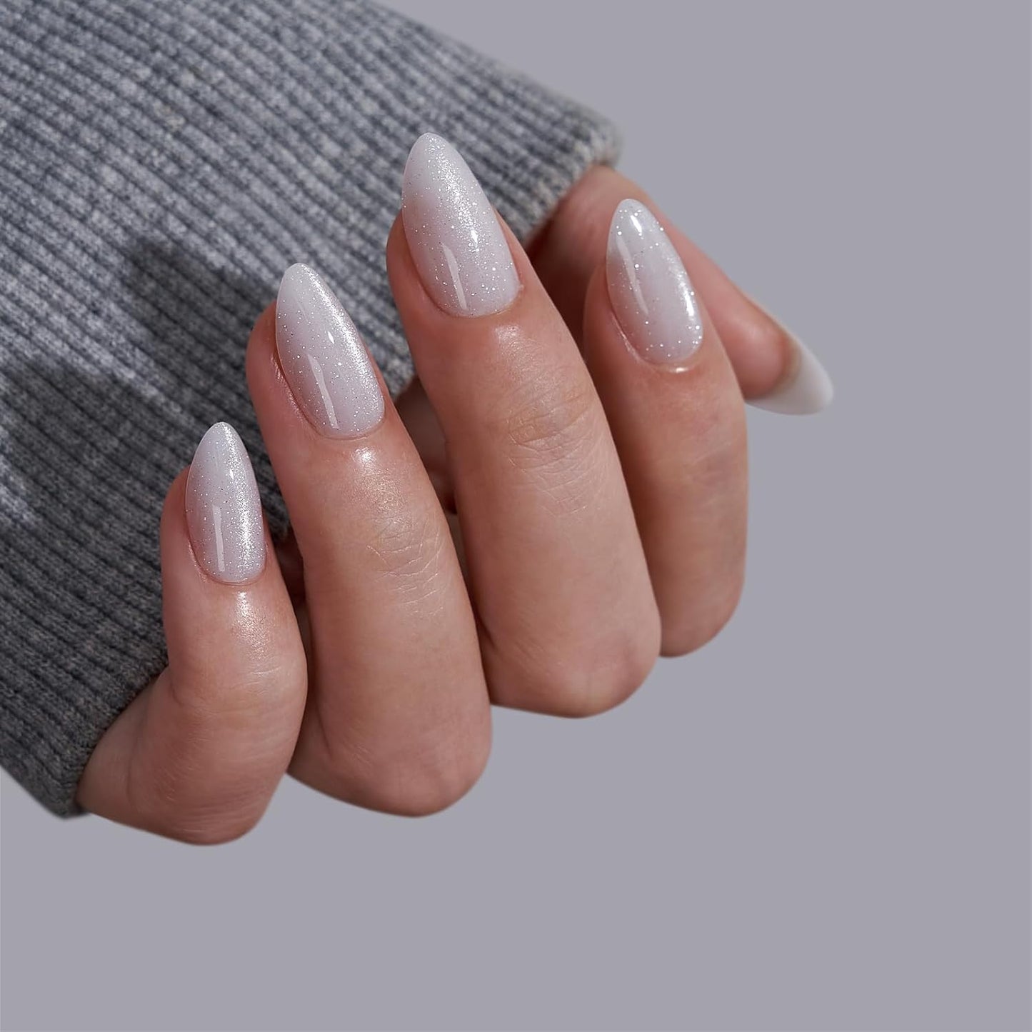 BTArtbox Press On Nails Short - Lamp-Curable White Cat Eye Almond Press On Nails with Glue for Women, Semi-Transparent Soft Gel Glue On Nails in 16 Sizes - 32 Stick On Nails Kit, Whitecaps