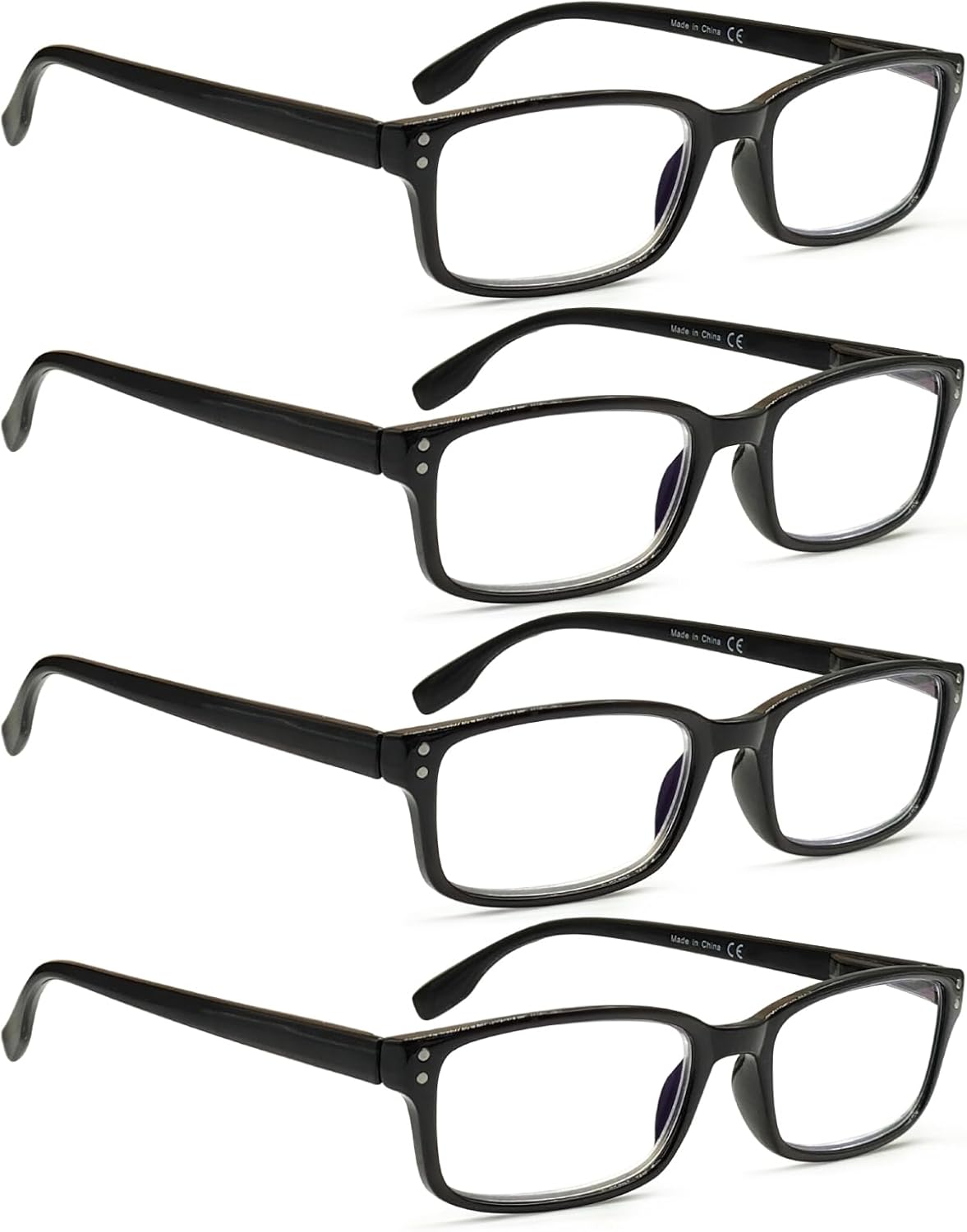 Kerecsen 4 Pack Reading Glasses for Men and Women with Spring Hinges, Lightweight Black Rectangular Readers Eyeglasses (4BLACK, 2.00, x)