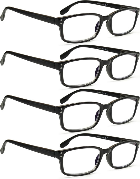 Kerecsen 4 Pack Reading Glasses for Men and Women with Spring Hinges, Lightweight Black Rectangular Readers Eyeglasses (4BLACK, 2.00, x)