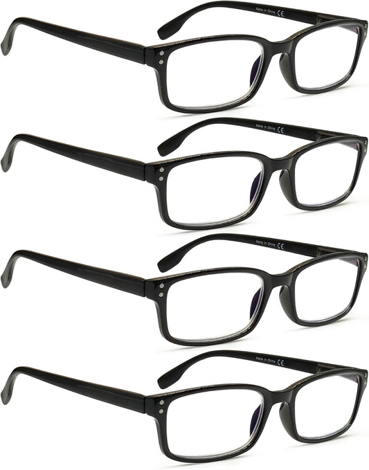 Kerecsen 4 Pack Reading Glasses for Men and Women with Spring Hinges, Lightweight Black Rectangular Readers Eyeglasses (4BLACK, 1.25, x)