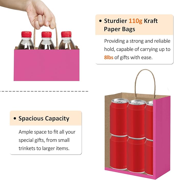 BagDream Hot Pink Gift Bags 8x4.25x10.5 100Pcs Kraft Paper Gift Bags with Handles Medium Bulk, for Shopping Party Favor, Retail Merchandise Grocery Paper Sacks