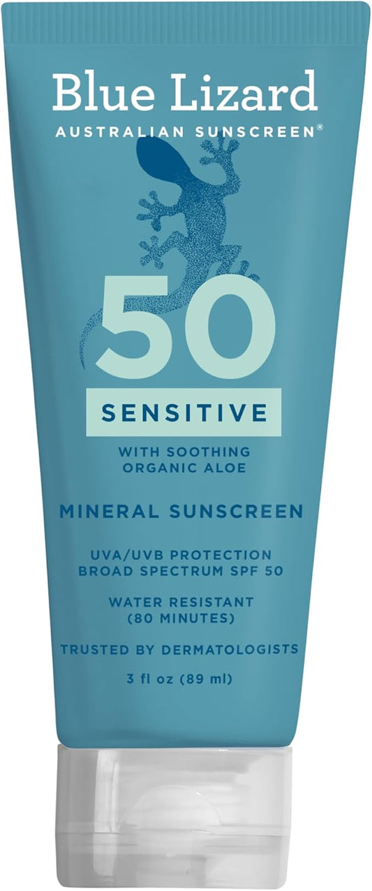 Blue Lizard SENSITIVE Mineral Sunscreen with Zinc Oxide, SPF 50+, Water Resistant, UVA/UVB Protection with Smart Cap Technology - Fragrance Free, 3 oz. Tube