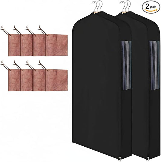 2 Sets 40'' x 24'' x 6'' Short Cotton Garment Bags for Hanging Clothes and Storage, 8 Cedar Blocks for Fresh Smell and Moth Protection, Breathable Covers for Closet Suits Fur Coats Sweaters