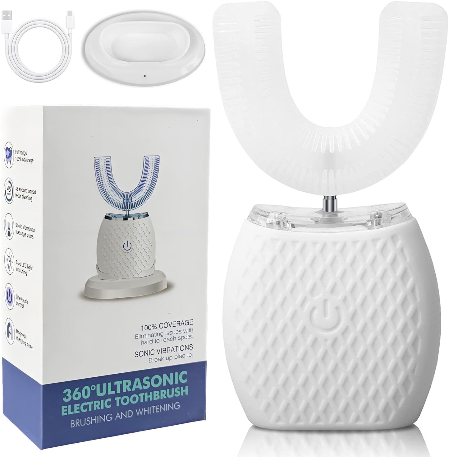 Ultrasonic Automatic Toothbrush, Ultrasonic U-Shaped Toothbrushes for Adult, 360° Mouth Cleaning, Electric ToothBrush with Automatic Timer, Wireless Charging Teethbrush Kit for Travel Or Home (White)