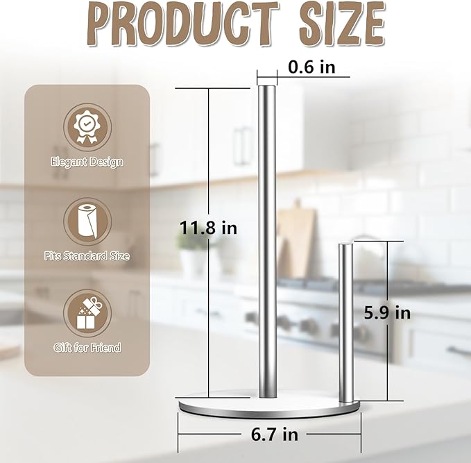 Paper Towel Holder Countertop, Premium Stainless Steel Silver Paper Towel Holder with Anti Slip & Waterproof, Freestanding Countertop Paper Towels Holder for Kitchen, Tabletop, Bathroom