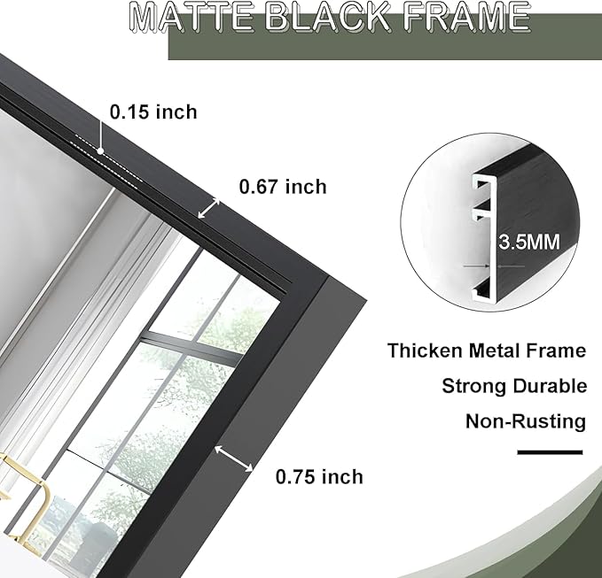 Rectangle Bathroom Mirror 26x48 inch, Large Mirror with Black Frame, Rectangular Vanity Mirror 26" X 48", Modern Matte Wall Mounting Mirrors, Hang Horizontal or Vertical