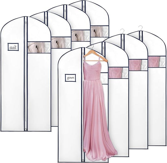Syeeiex 60'' Garment Bags, Set of 8 Dress Bag for Gown, Garment Bags for Hanging Clothes,Garment Bag for Dresses Long,Dress Garment Bag for Gown,Evening Dresses,Fur Coat,Long Dress(White & Dark Blue)