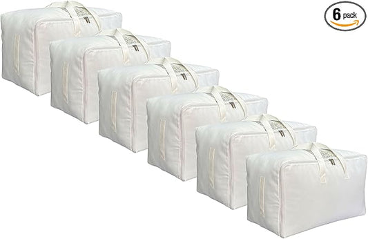 Soft Large Canvas Comforter Storage Bags with Four Carrying Handles and Clear Window, Closet Organizer for Clothing, Blankets Sheets Pillows and Bedding, 80L, 6 Pack, White