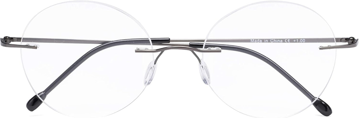 CessBlu Rimless Reading Glasses Round Readers for Men Women (Gunmetal) +3.5
