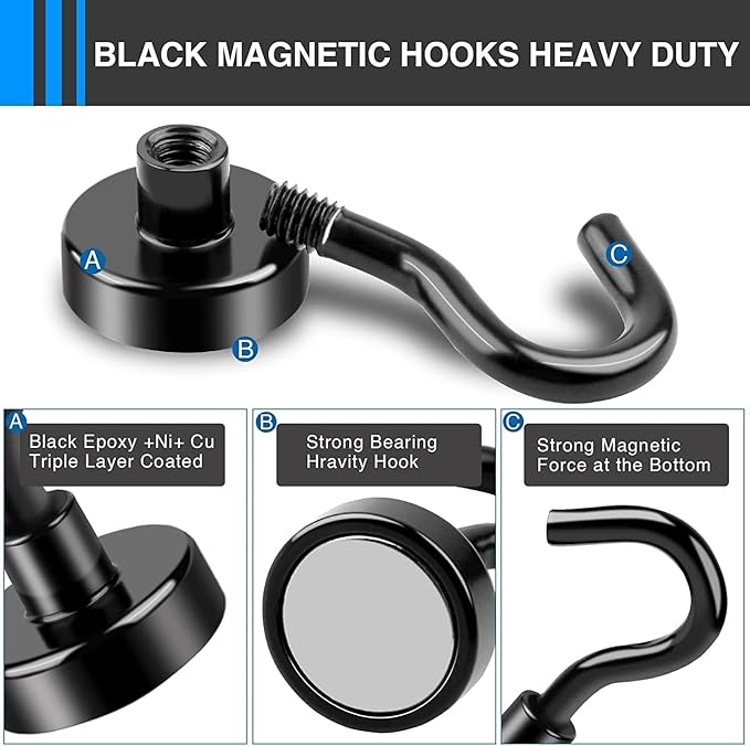 LOVIMAG Magnetic Hooks，30Lbs Black Magnet Hooks for Cruise Cabin, Magnetic Hooks for Hanging, Fridge, Classroom, Refrigerator, Ceiling, Office, Kitchen. Grill, Garage-18Pack